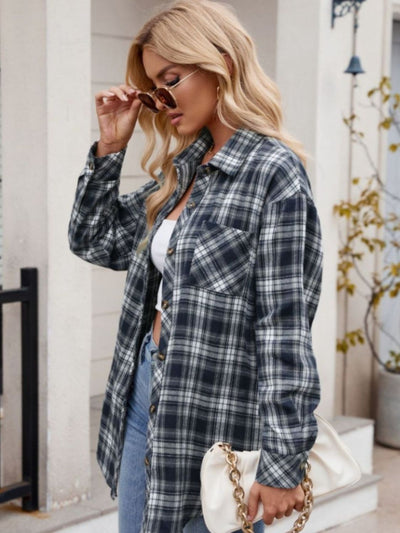 Explore More Collection - Pocketed Plaid Collared Neck Long Sleeve Shirt