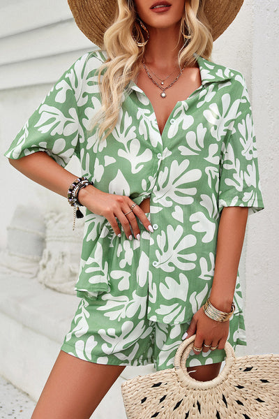 Explore More Collection - Printed Button Up Shirt and Shorts Set