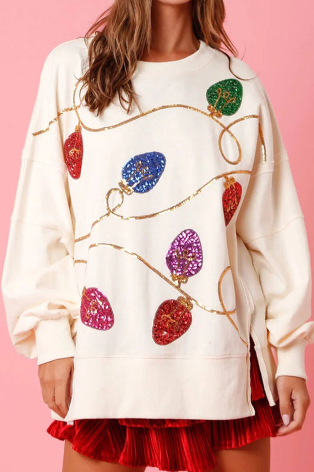 Explore More Collection - Slit Sequin Round Neck Sweatshirt