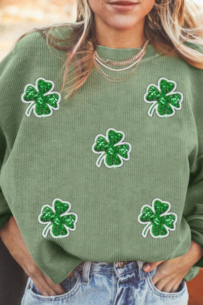 Explore More Collection - Sequin Lucky Clover Round Neck Long Sleeve Sweatshirt