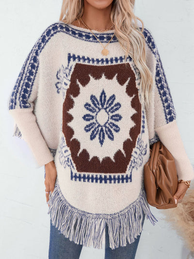 Explore More Collection - Fringe Geometric Long Sleeve Poncho