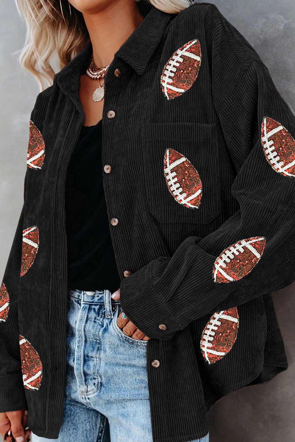 Explore More Collection - Sequin Football Button Up Long Sleeve Jacket