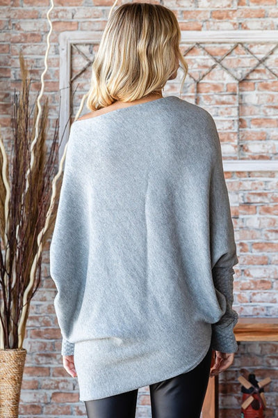 Explore More Collection - First Love Full Size Asymmetrical Hem Dolman Sleeve Sweater