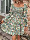 Explore More Collection - Floral Smocked Flounce Sleeve Square Neck Dress