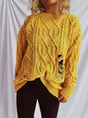 Explore More Collection - Distressed Cable-Knit Round Neck Long Sleeve Sweater