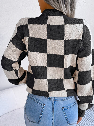 Explore More Collection - Checkered Mock Neck Long Sleeve Sweater