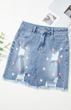 Explore More Collection - Distressed Raw Hem Heart Denim Skirt