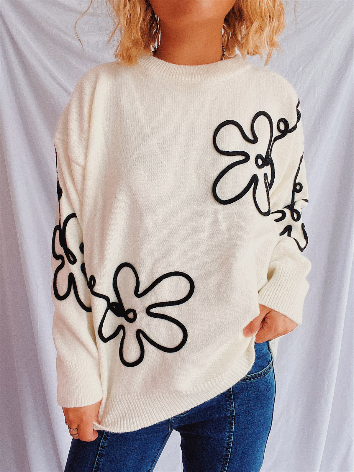 Explore More Collection - Flower Round Neck Long Sleeve Sweater