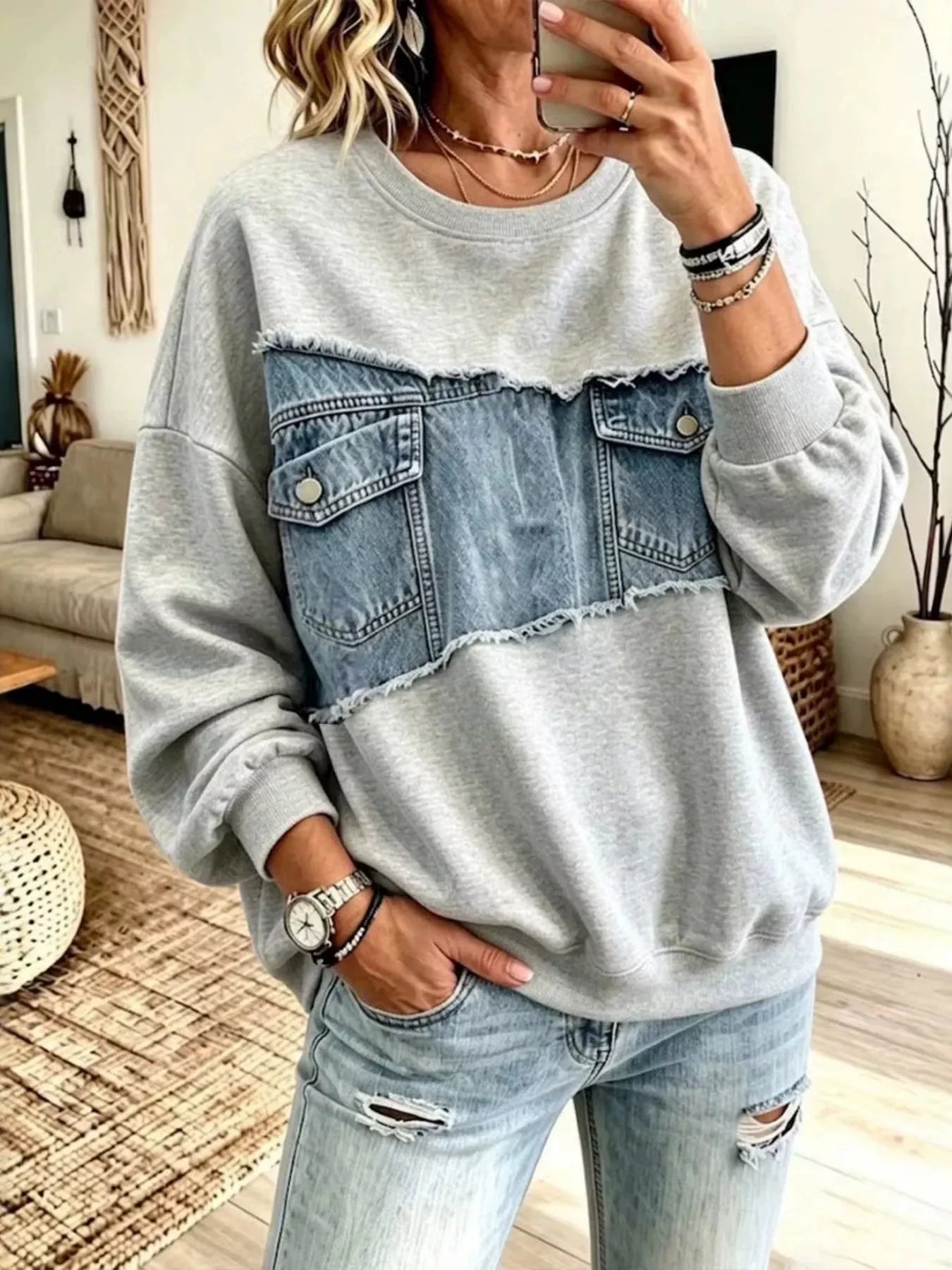 Full Size Denim Patchwork Dropped Shoulder Sweatshirt Plus Size