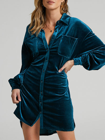 Explore More Collection - Collared Neck Button Down Long Sleeve Mini Dress