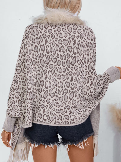 Explore More Collection - Fringe Leopard Open Front Long Sleeve Poncho