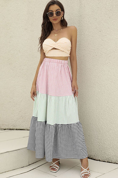 Explore More Collection - Plaid Strapless Top and Tiered Skirt Set