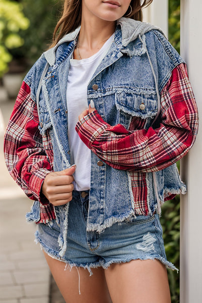 Explore More Collection - Raw Hem Drawstring Plaid Denim Jacket