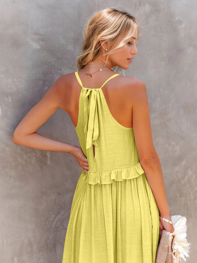 Explore More Collection - Ruffled Sleeveless Tiered Maxi Dress with Pockets