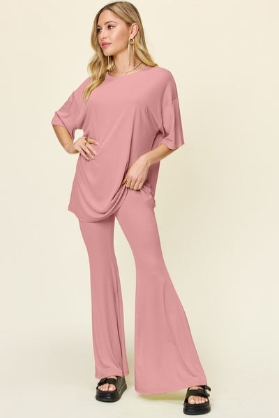 Explore More Collection - Double Take Full Size Round Neck Drop Shoulder T-Shirt and Flare Pants Set