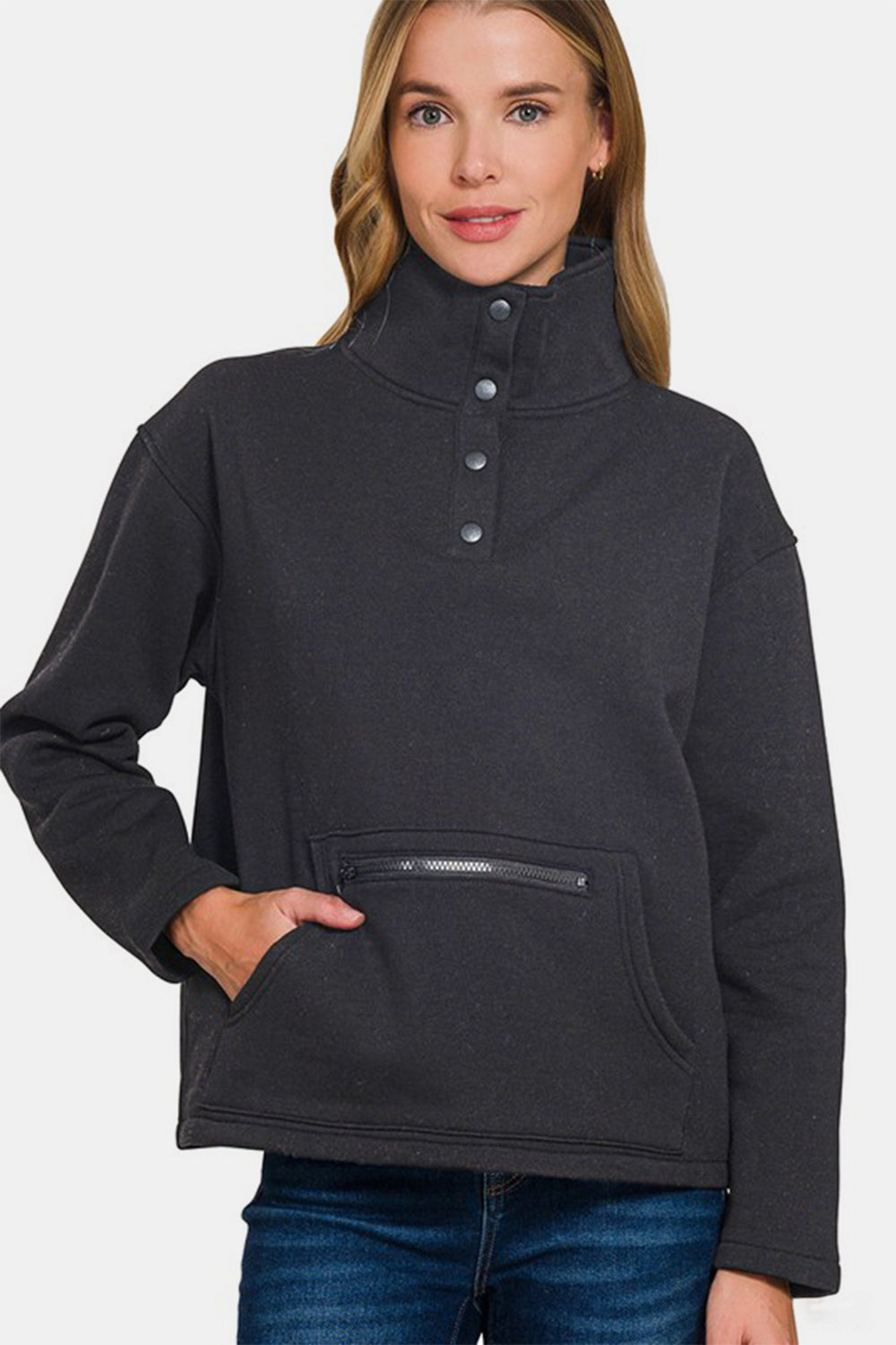 Explore More Collection - Zenana Turtleneck Half Snap Fleece Sweatshirt