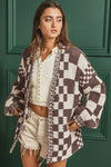 Explore More Collection - Checkered Open Front Long Sleeve Cardigan