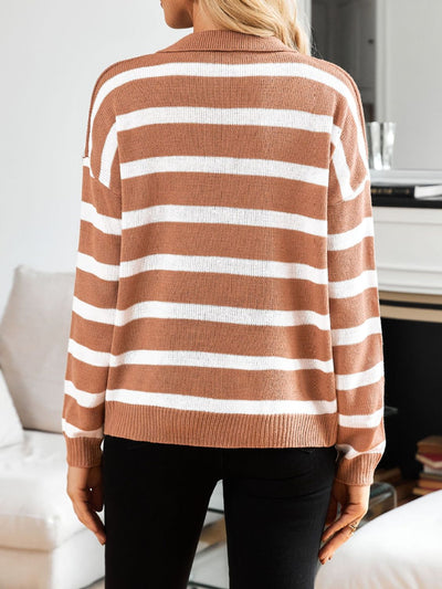 Explore More Collection - Many Striped Johnny Collar Long Sleeve Sweater