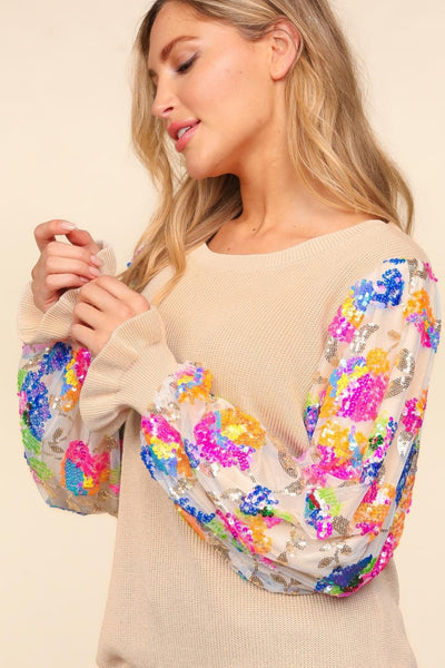 Explore More Collection - Haptics Floral Sequins Mesh Flounce Sleeve Sweater