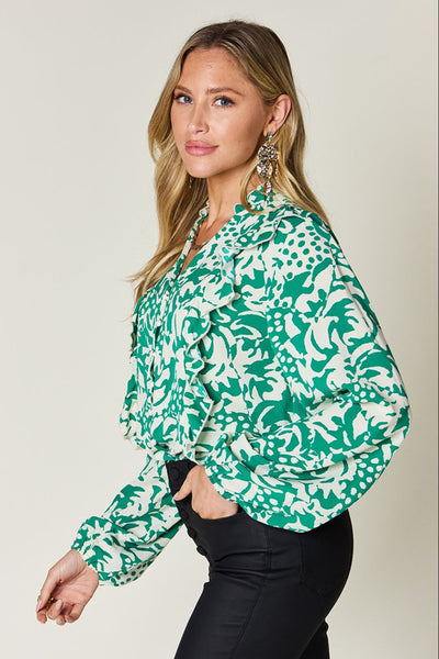 Explore More Collection - Double Take Full Size Printed Ruffle Trim Balloon Sleeve Shirt