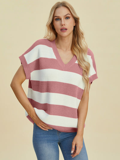 Explore More Collection - Double Take Full Size Striped V-Neck Short Sleeve Sweater