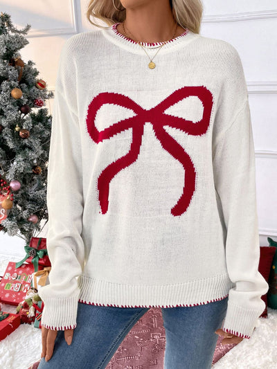 Explore More Doorbusters - Perfee Bow Round Neck Long Sleeve Sweater