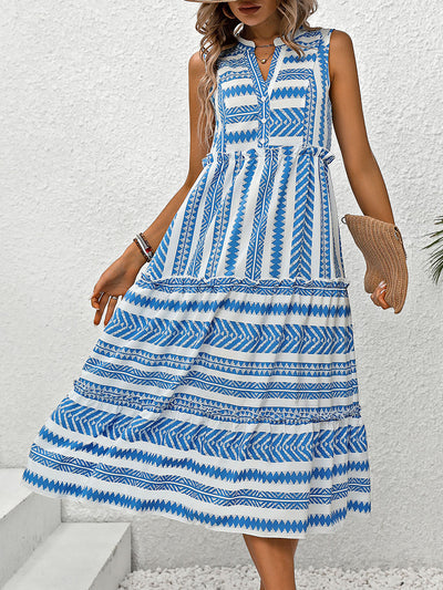 Explore More Collection - Frill Printed Notched Sleeveless Dress