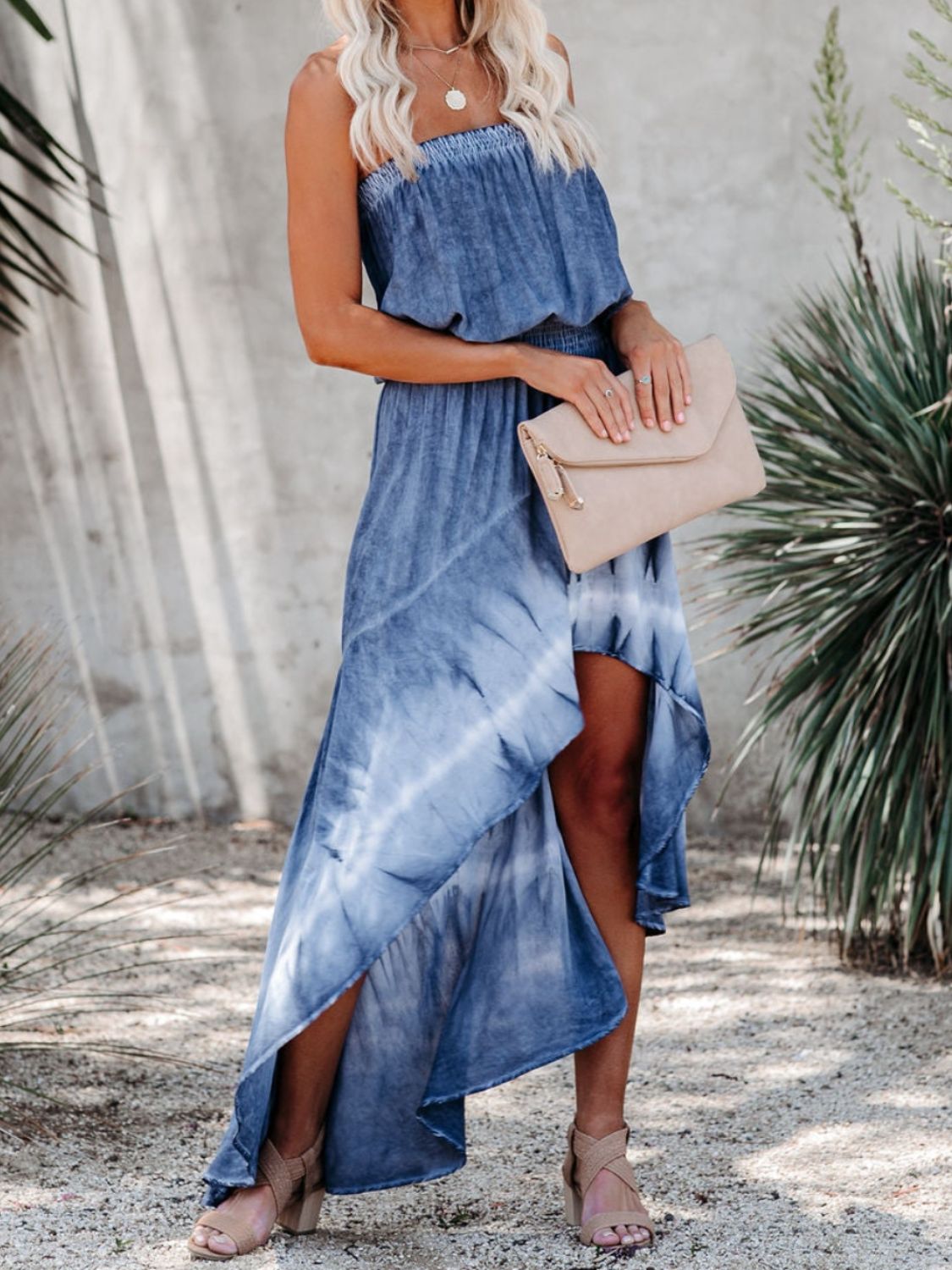 Explore More Collection - Smocked High-Low Tube Denim Dress