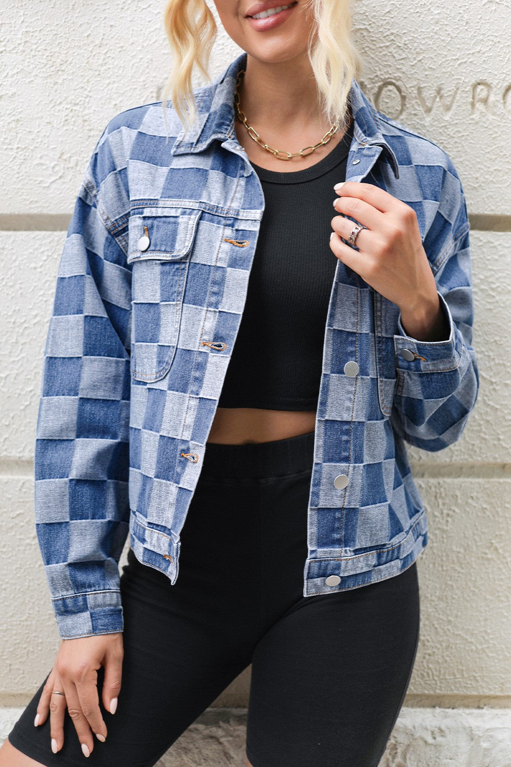 Explore More Collection - Checkered Button Up Long Sleeve Denim Jacket