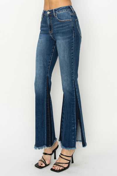 Explore More Collection - RISEN Full Size High Rise Side Shadow Seam Detail Slit Flare Jeans