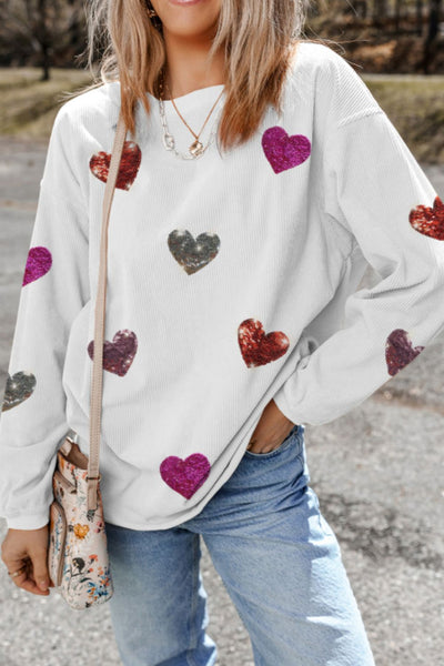 Explore More Collection - Valentine’s Day Sequin Heart Round Neck Long Sleeve Sweatshirt