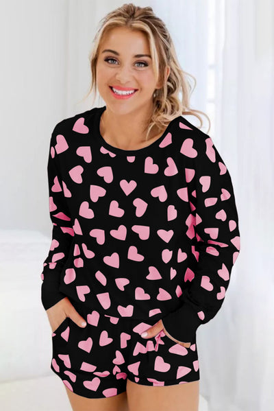 Explore More Collection - Heart Print Long Sleeve Top and Shorts Lounge Set