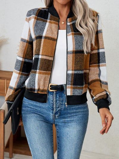 Explore More Collection - Plaid Zip Up Long Sleeve Jacket