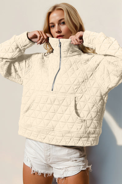 Explore More Collection - Double Take Half Zip Long Sleeve Quilted Sweatshirt with Pocket