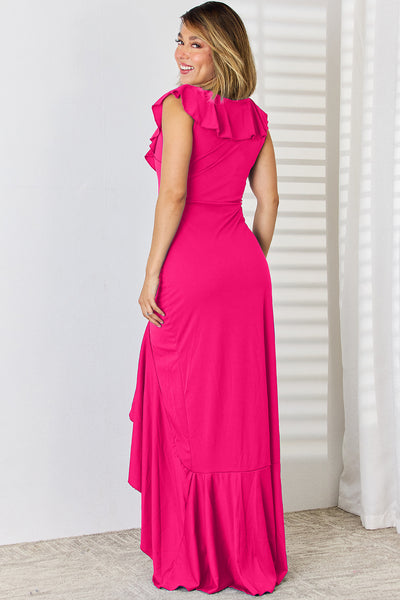 Explore More Collection - Ruffled V-Neck High-Low Dress