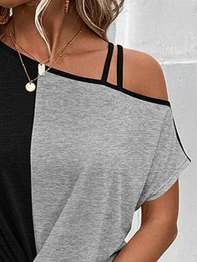 Explore More Collection - Contrast Asymmetrical Neck Short Sleeve T-Shirt