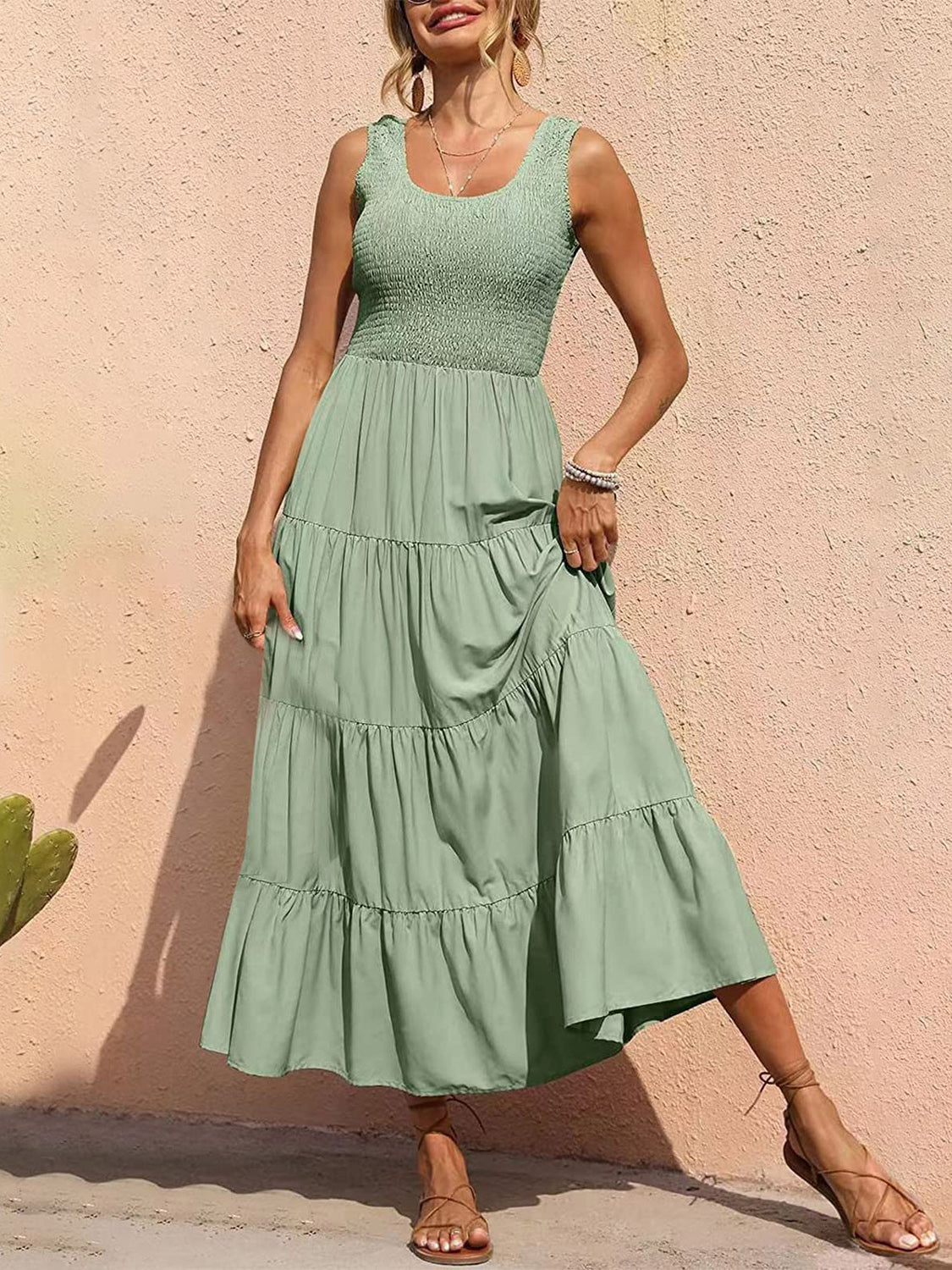 Explore More Collection - Tiered Smocked Wide Strap Dress