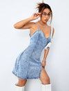 Explore More Collection - Slit Surplice Spaghetti Strap Denim Dress