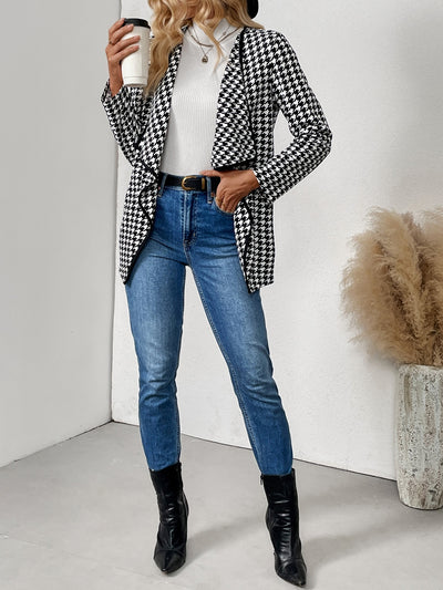 Explore More Collection - Houndstooth Open Front Long Sleeve Jacket