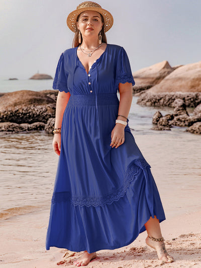 Explore More Collection - Plus Size Lace Detail Tie Neck Short Sleeve Maxi Dress