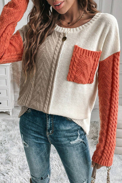 Explore More Collection - Color Block Round Neck Long Sleeve Sweater