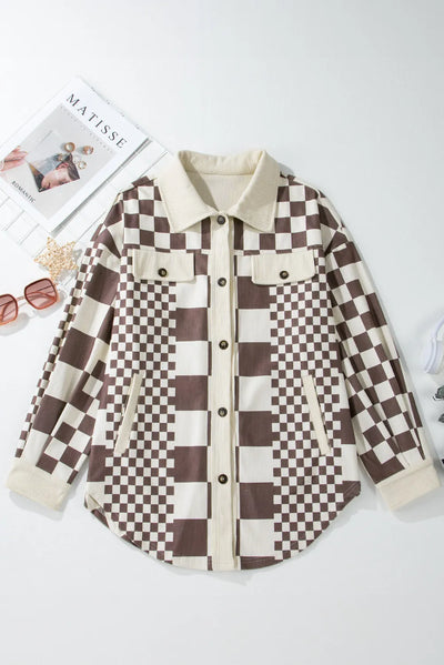 Explore More Collection - Pocketed Checkered Button Up Long Sleeve Jacket