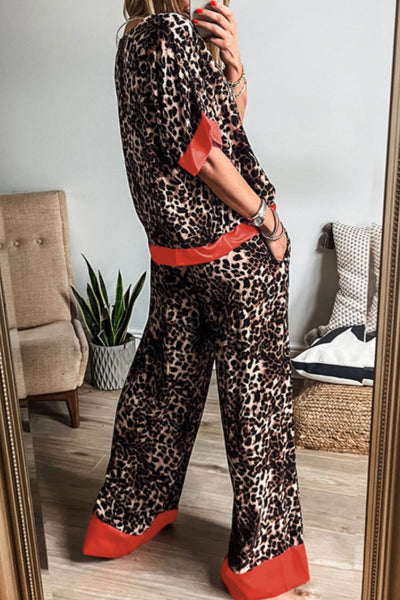 Explore More Collection - Contrast Trim Leopard Round Neck Top and Pants Lounge Set