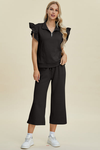 Explore More Collection - Double Take Full Size Texture Ruffle Short Sleeve Top and Wide Leg Pants Set