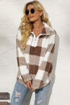 Explore More Collection - Shiny Plaid Half Zip Long Sleeve Sweatshirt