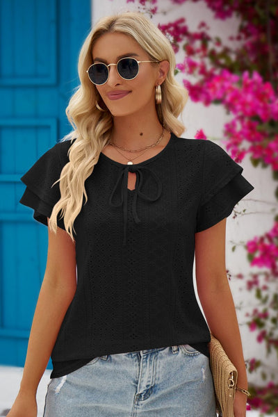 Explore More Collection - Eyelet Tie-Neck Flutter Sleeve Blouse