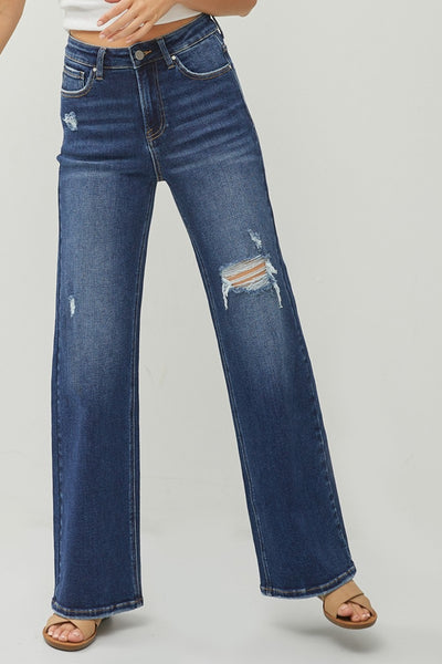 Explore More Collection - RISEN Full Size High Rise Distressed Wide Leg Jeans