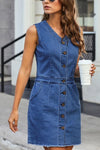 Explore More Collection - Full Size Button Up V-Neck Sleeveless Denim Dress