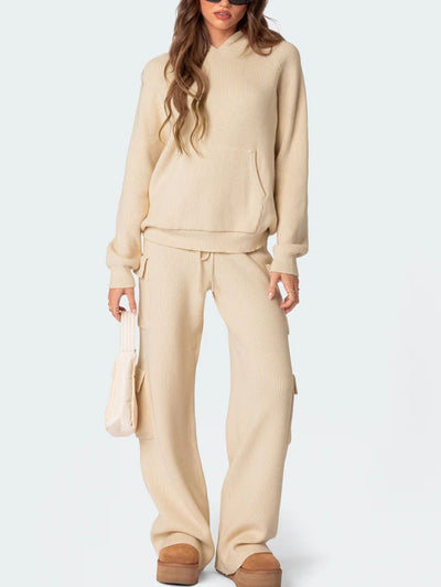 Explore More Collection - Long Sleeve Hooded Top and Pants Sweater Set