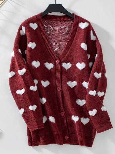 Explore More Collection - Heart V-Neck Button Up Long Sleeve Cardigan